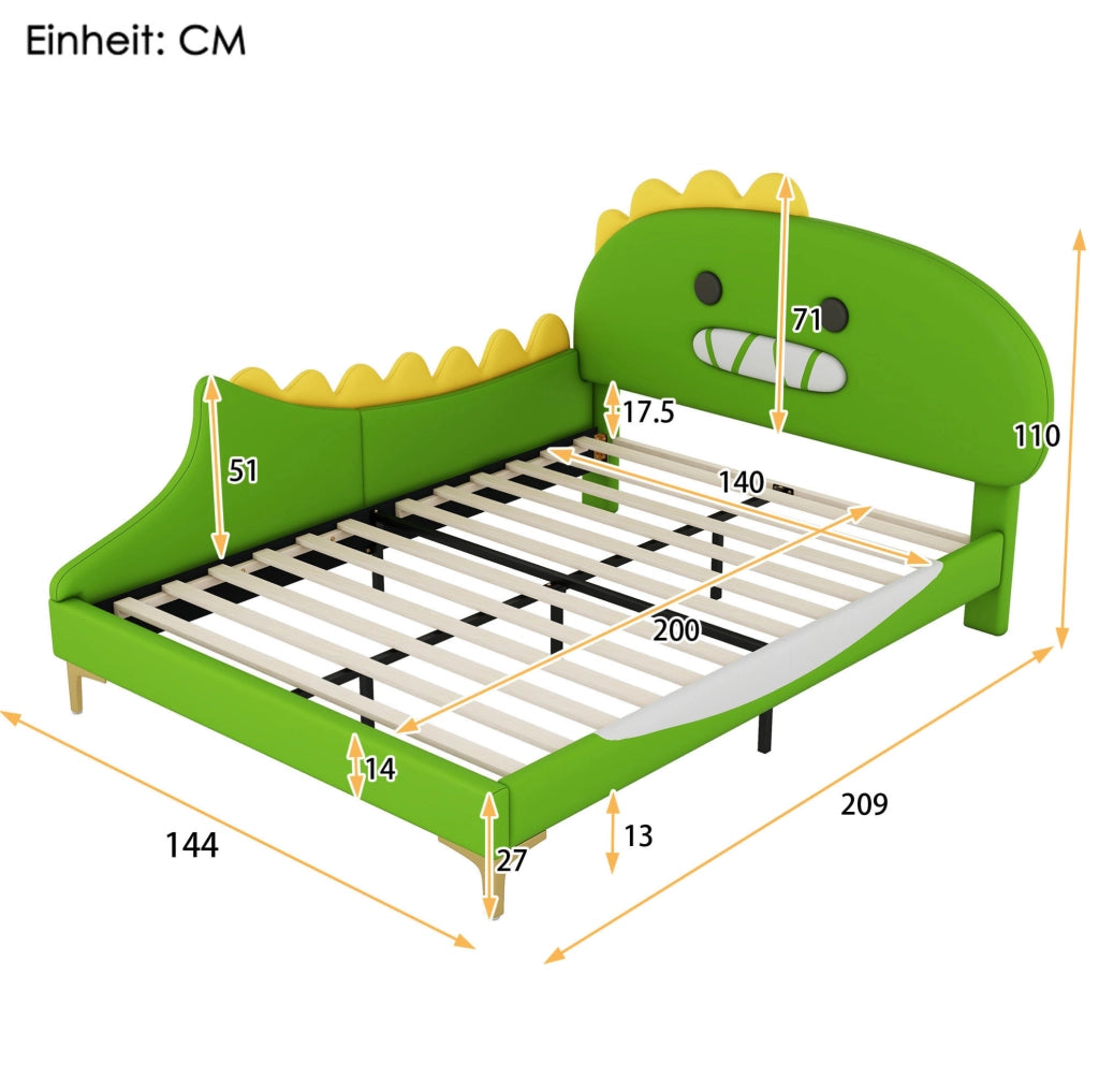 Letto per bambini a forma di dinosauro 140x200 cm in PU verde