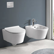 Sanitari Sospesi in ceramica bianco design tondo con copriwc e scarico rimless Ukra