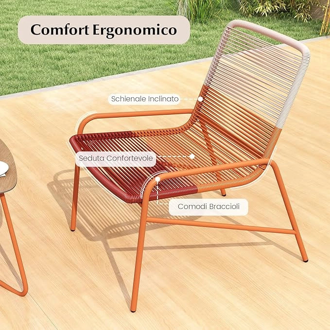 Set Salotto da Giardino in Rattan PE, con 2 Sedie e Tavolo Laterale in Legno-Plastica, Set Bistro per Balcone, Portico e Cortile