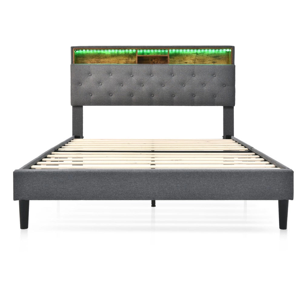 Letto Contenitore Imbottito con LED ¨C MINIMAL ¨C Grigio, 140x200, con materasso