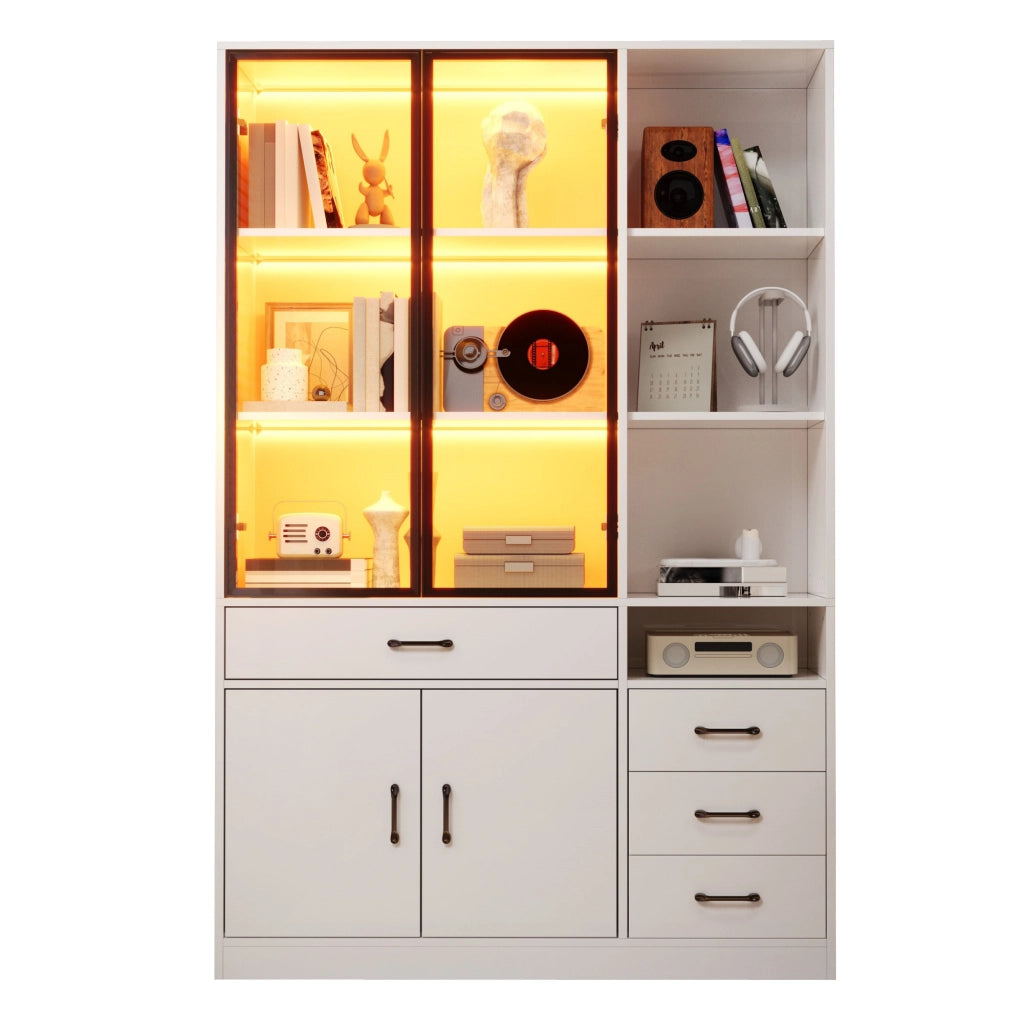 Libreria vetrina con 2 porte in vetro; 4 cassetti; 13 spazi di contenimento; LED; per soggiorno; 120 × 35 × 200 cm