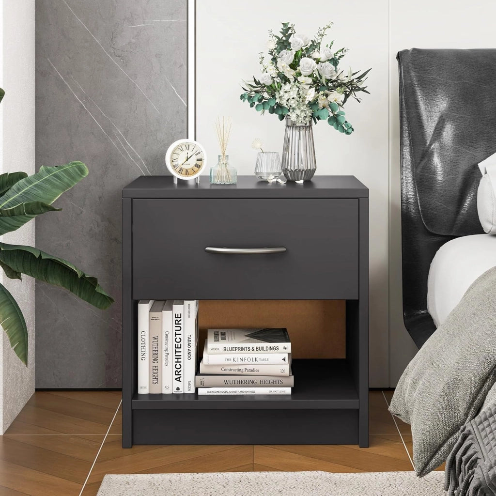 COSTWAY Comodino 38,5 x 28 x 40,5cm in Legno, Tavolino Salvaspazio con Scomparto Aperto e Casseto per Soggiorno e Camera da Letto (Grigio)