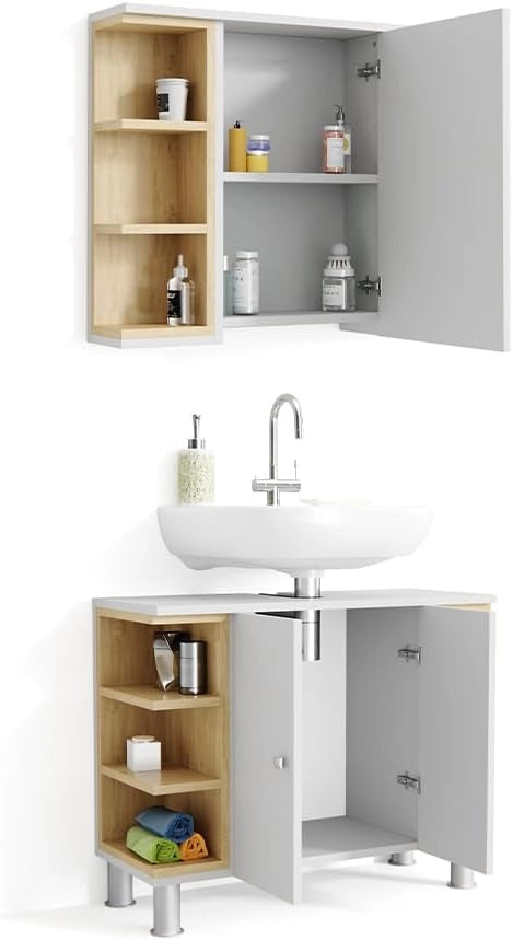 Set mobili bagno Aquis, Bianco, 79.6 cm, composto da specchio da bagno e mobile sottolavabo