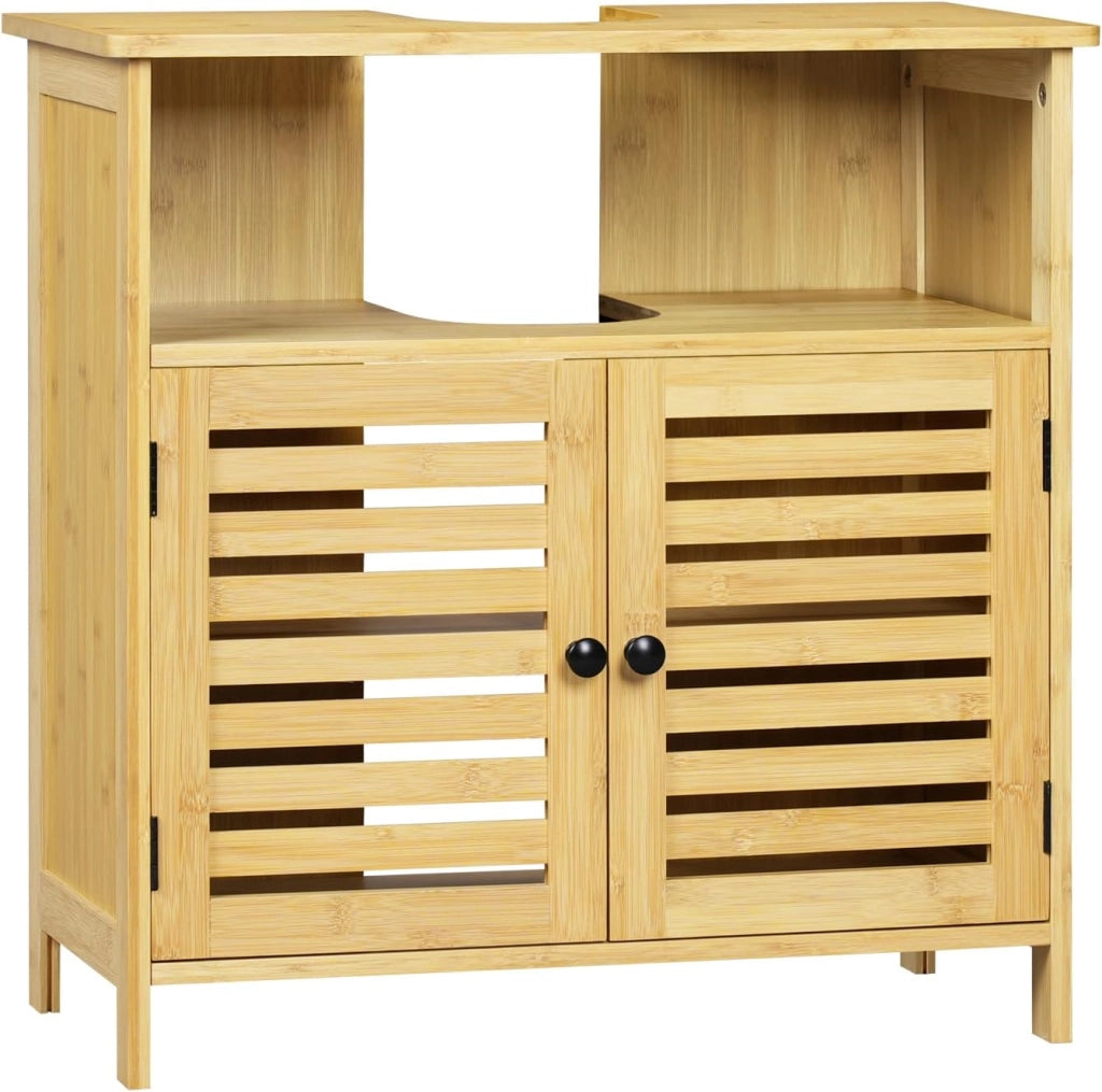 Mobile da Bagno Sotto lavabo, Mobile da Bagno in Bambù con 2 Porte Griglia Magnetiche e 1 Scomparto Aperto, con Ripiano Regolabile, 60x30x60cm