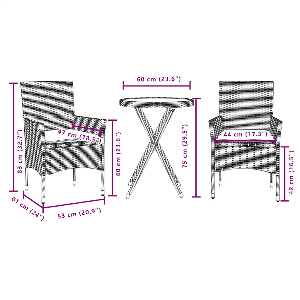 Set BistrÃ² 3 pz con Cuscini Marrone Polyrattan e Vetro
