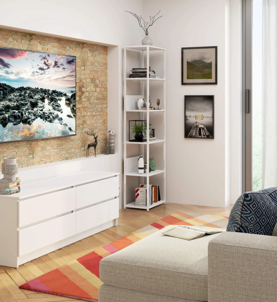 Scaffale stilo loft con ripiani in legno 50 cm Bianca 50 cm inserto frontale Bianco 50x32x192 cm