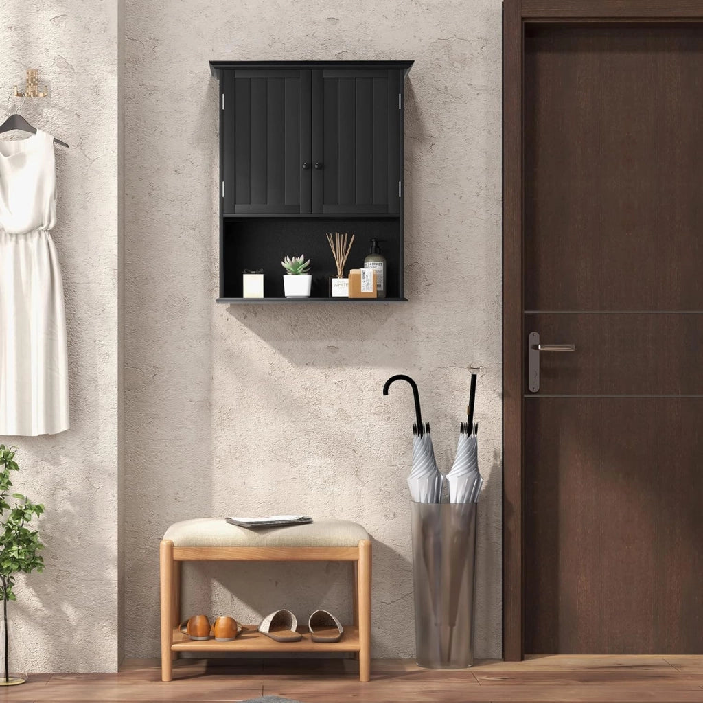 Mobiletto Pensile da Bagno, Mobile Armadietto Bagno sospeso con 2 Porte, Armadietto a Muro delle Medicine, Mensola Regolabile, Capacità di 30 kg (Nero)