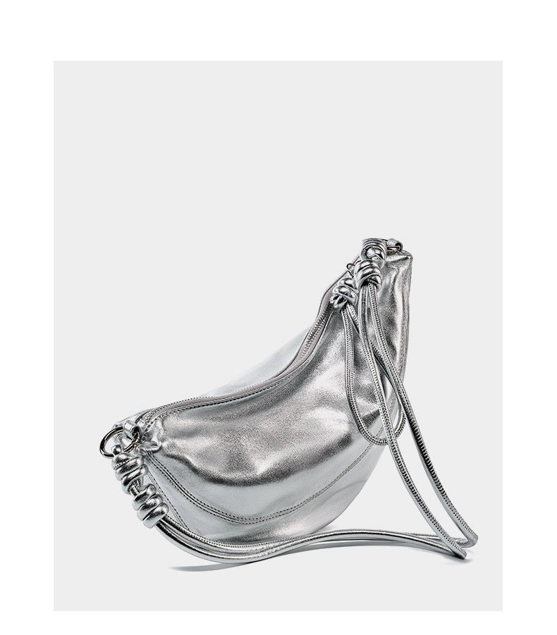 Borsa a tracolla da donna in vera pelle, graziosa borsa firmata color argento