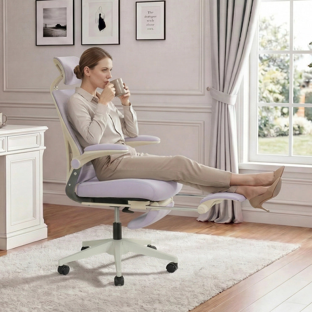 Sedia da ufficio ergonomica pieghevole con supporto lombare e poggiatesta regolabile in schiuma viola per lavoro