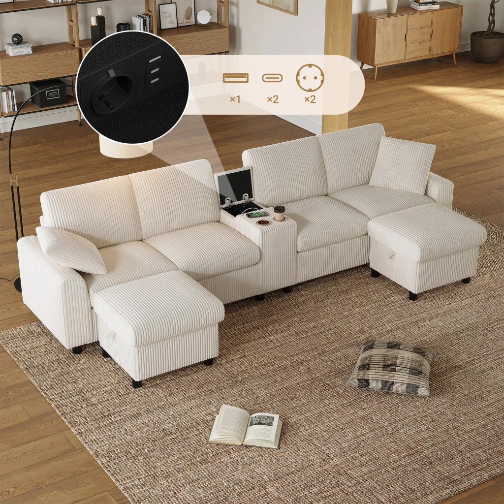 Divano U in tessuto boucl¨¦ beige con 2 pouf contenitore, tavolino laterale, porte USB e prese di corrente, 315¡Á135¡Á81 cm