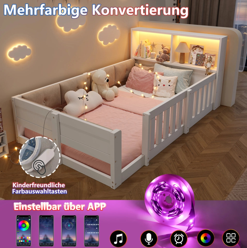 Letto basso per bambini 90 x 200 cm con sponde, LED e vano contenitore bianco