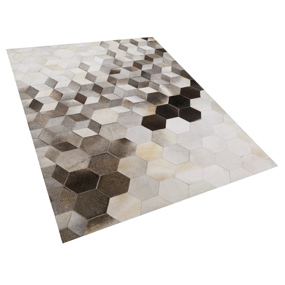 Tappeto in pelle di vacchetta Capelli grigi su pelle Motivo patchwork geometrico 160 x 230 cm