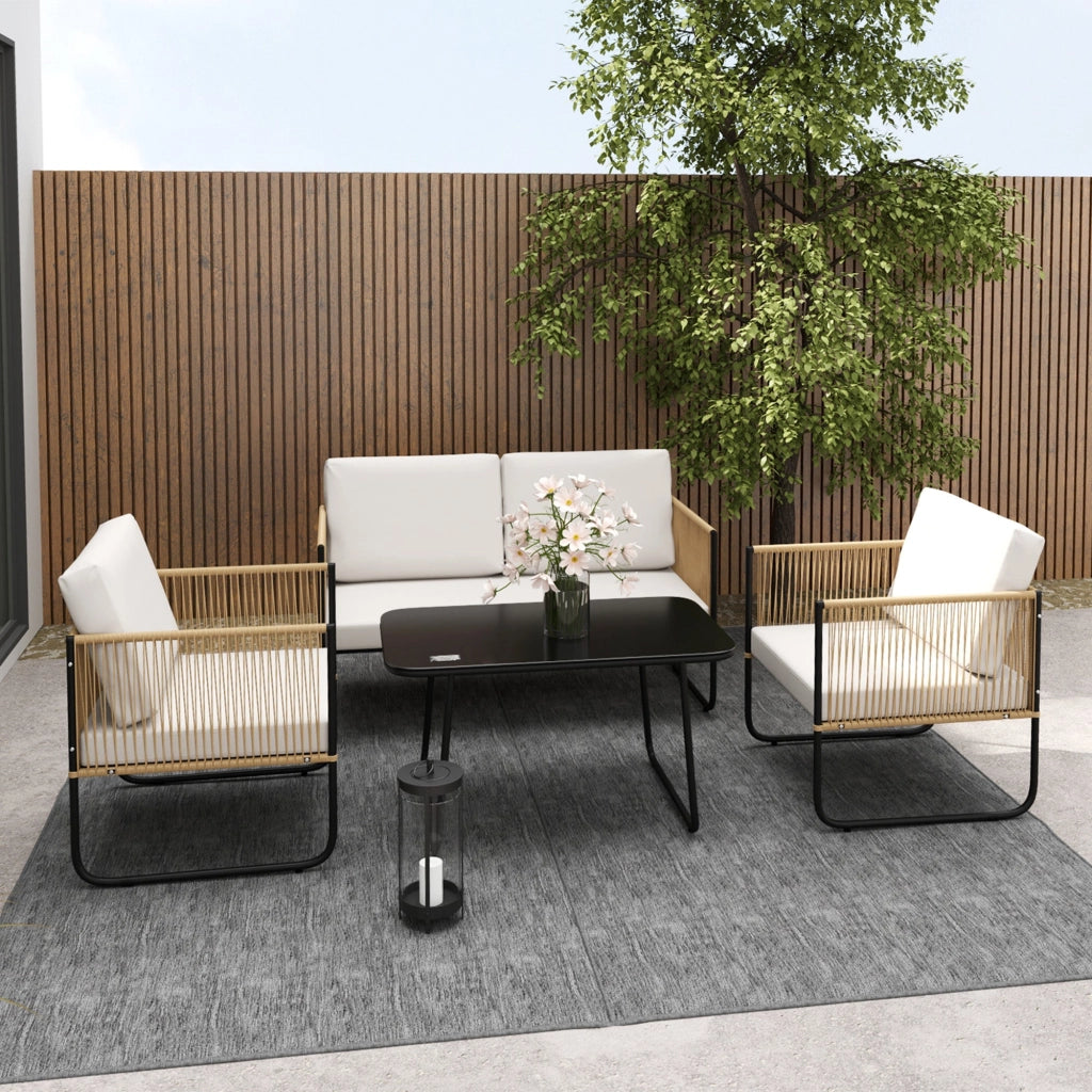 Set 4 Pezzi da Esterno Divanetto 2 Poltrone e Tavolino Basso con Piano in Vetro in Rattan Bianco Crema
