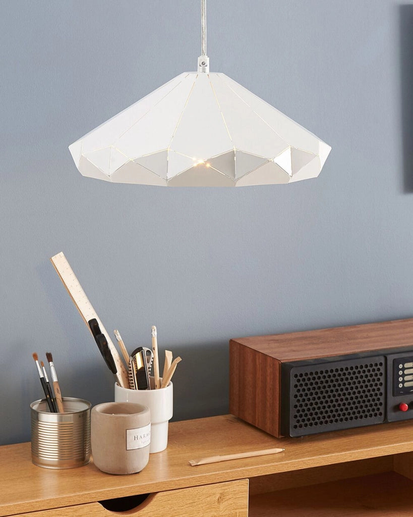 Lampada da Soffitto in Metallo Bianco da 112 cm a Sospensione con Paralume Geometrico Saldato Industrial