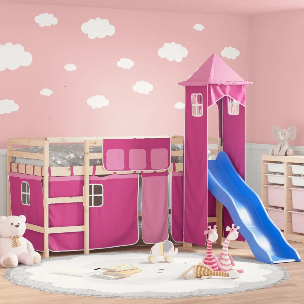 Letto a Soppalco con Torre Bambini Rosa 90x200cm Massello Pino 3207074