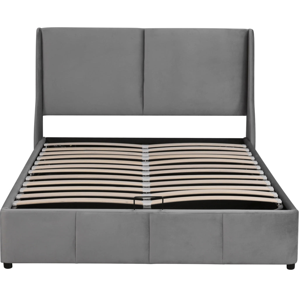 Letto matrimoniale imbottito con testiera a orecchie, contenitore idraulico 140x190 cm grigio