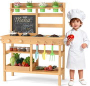 Cucina in Legno per Bambini, Cucina da Gioco all'Aperto con Rubinetto, Lavandini Rimovibili, Lavagna, Fornelli, Manopole, Vasi di Fiori e Accessori per Piantare, per Bambini 3+ Anni