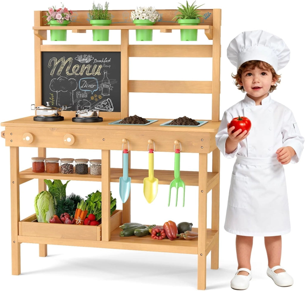 Cucina in Legno per Bambini, Cucina da Gioco all'Aperto con Rubinetto, Lavandini Rimovibili, Lavagna, Fornelli, Manopole, Vasi di Fiori e Accessori per Piantare, per Bambini 3+ Anni
