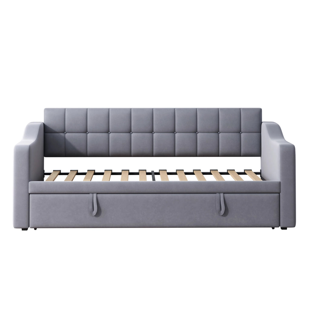 OKWISH Letto Estraibile 2 Posti, Letto Singolo con USB e Tasca Portaoggetti, 90×190 cm e 180×190 cm, senza Materasso, Velluto Grigio