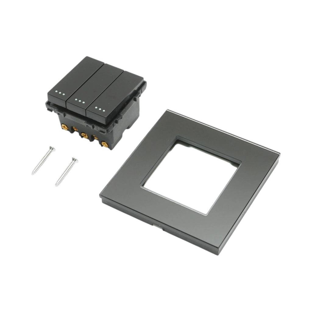 Interruttore triplo, nero, da incasso, 220V, 16AX, spia luminosa, cornice in vetro 86x86x34mm