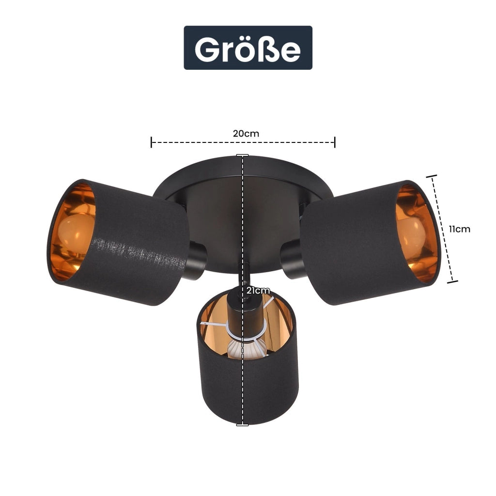 ZMH Faretto da soffitto neri retrò 3 luci E14 rotanti 350° paralume tessuto max 25W senza lampadina