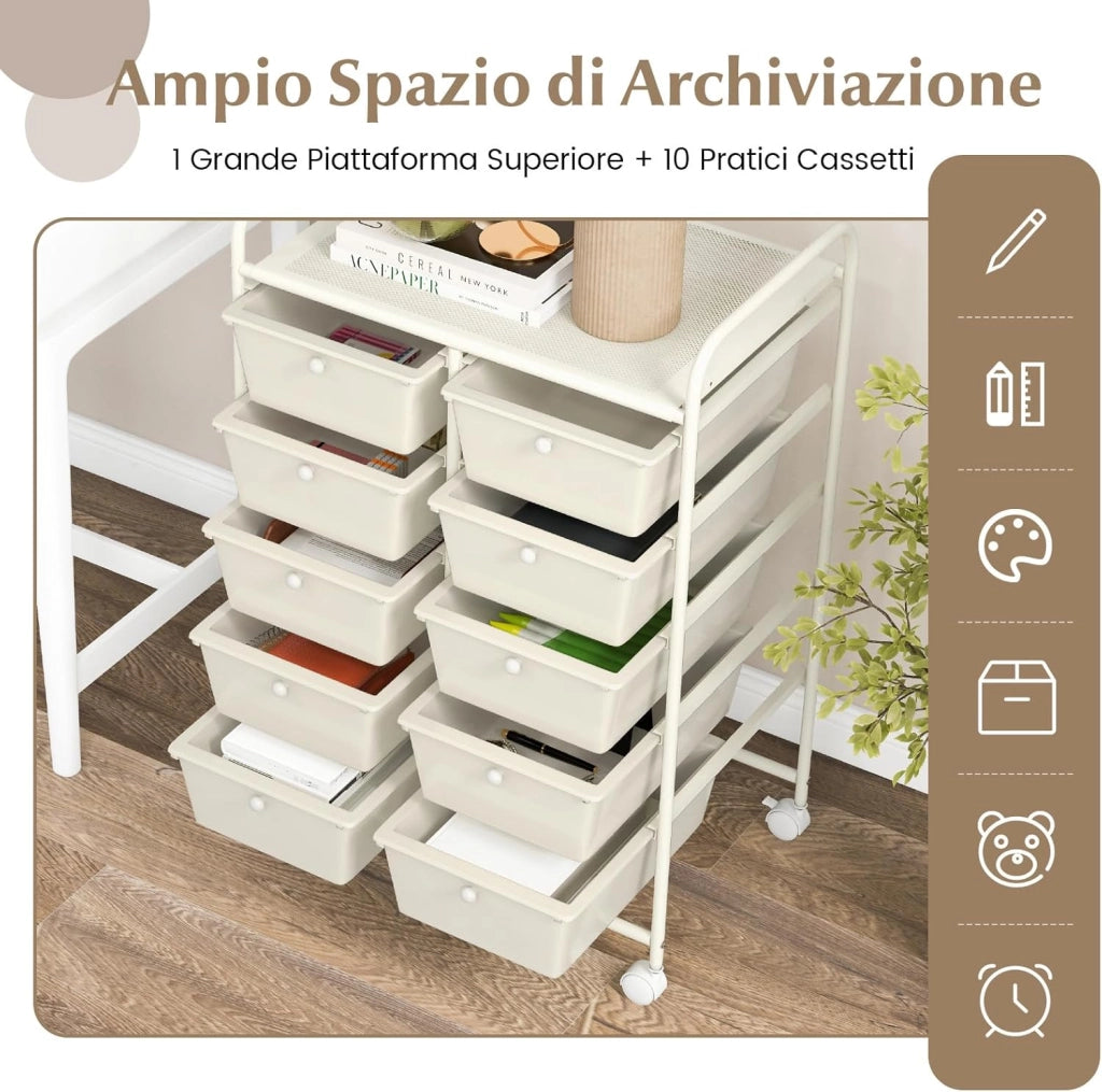 Carrello a 10 Cassetti con Ruote, di Stoccaggio con Stabilità Elevata, Multiuso per Casa Ufficio e Scuola, 65,5 x 37 x 87 cm (Bianco)