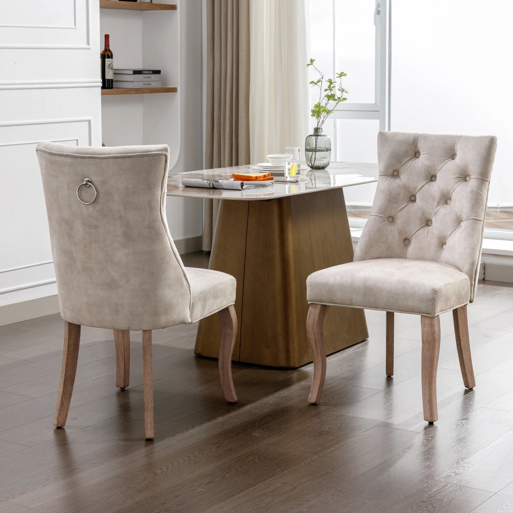 Sedia da Pranzo Imbottita in Velluto con Schienale Alto ¨C MINIMAL ¨C Beige Chiaro, Gambe in Legno Massello, Set 2 Pezzi