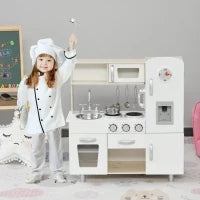 Cucina Giocattolo in Legno per Bambini con Lavandino e Fornelli, Pentole e Utensili in Acciaio, 74x30x81cm, Bianco