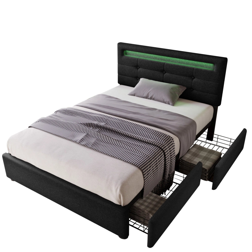 Letto singolo 90x200 cm con LED e 2 cassetti; tessuto in lino