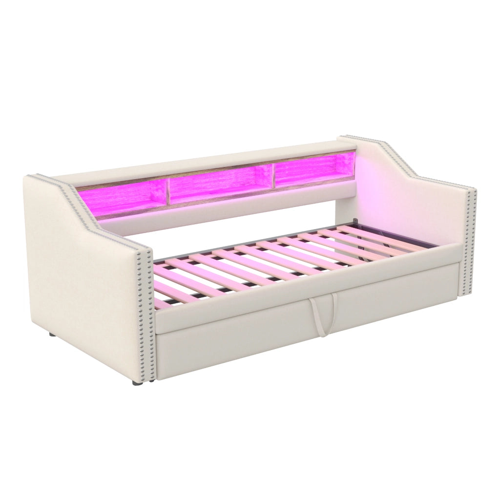 DESMIU Letto estraibile 90 × 190 cm 1 piazza con ripiani, LED, USB e senza materasso in lino beige