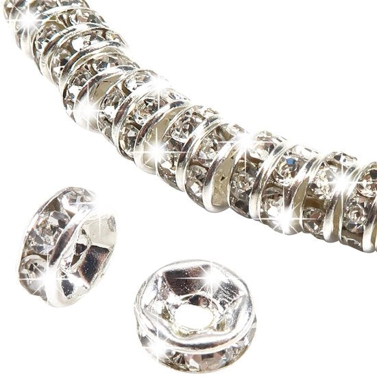 Accessori per gioielli - 200 pezzi - Anelli rotondi - Spaziatori - Anelli di separazione metallici - 6 mm - Argento con strass - Materiali per gioielli