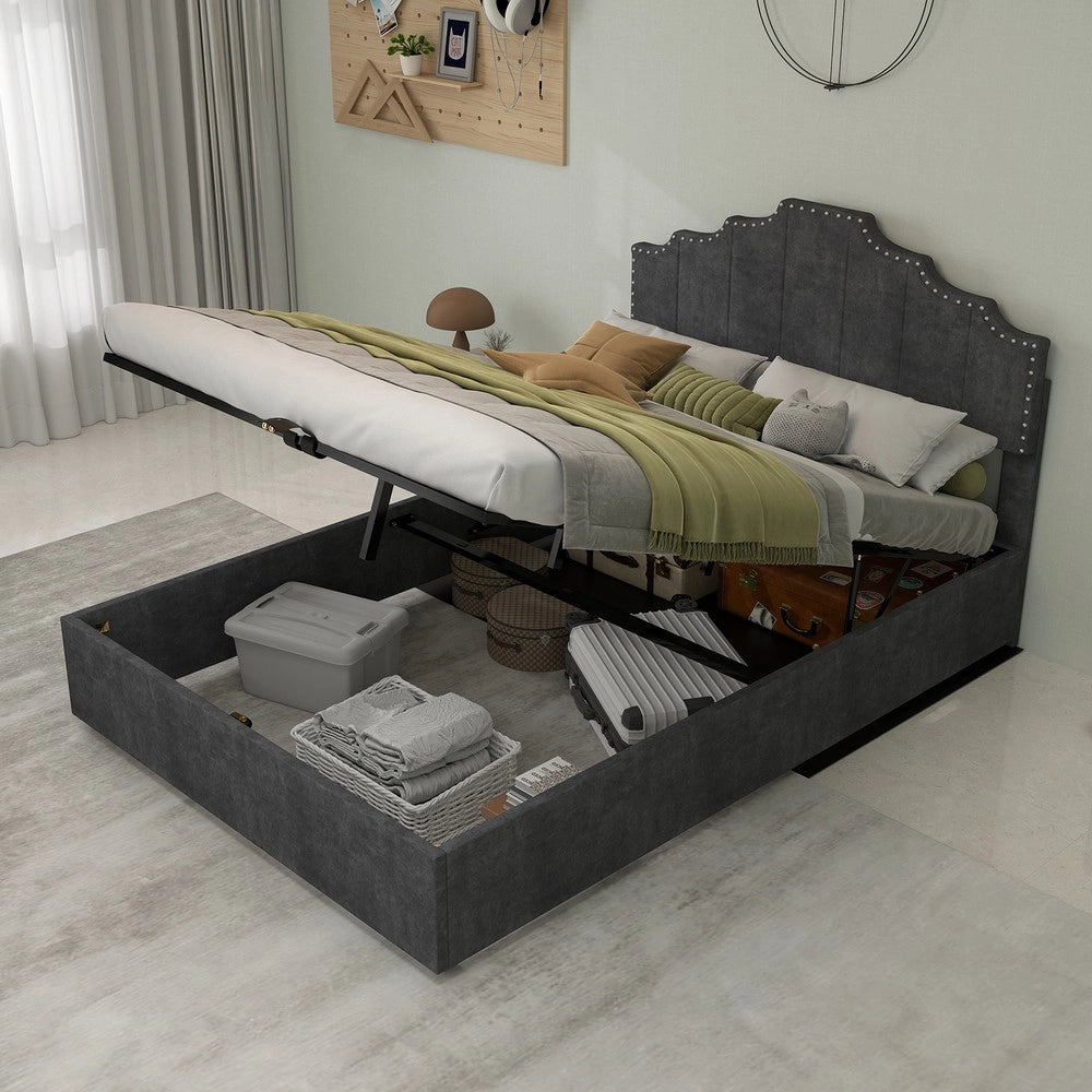 Letto Contenitore Imbottito ¨C MINIMAL ¨C Grigio 140x200 con Testiera, Struttura con Doghe