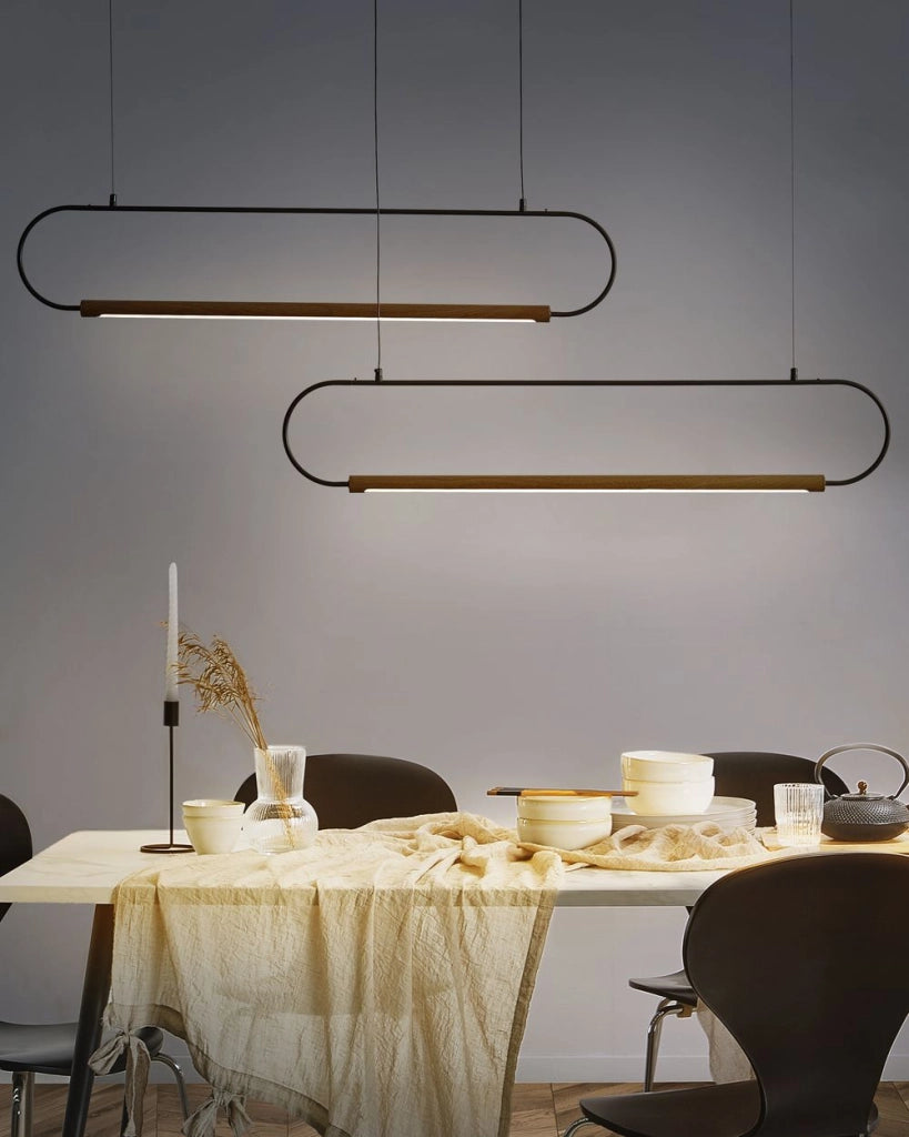 Lampadario a 2 luci LED integrate design paralumi metallo verniciato nero e legno chiaro stile moderno