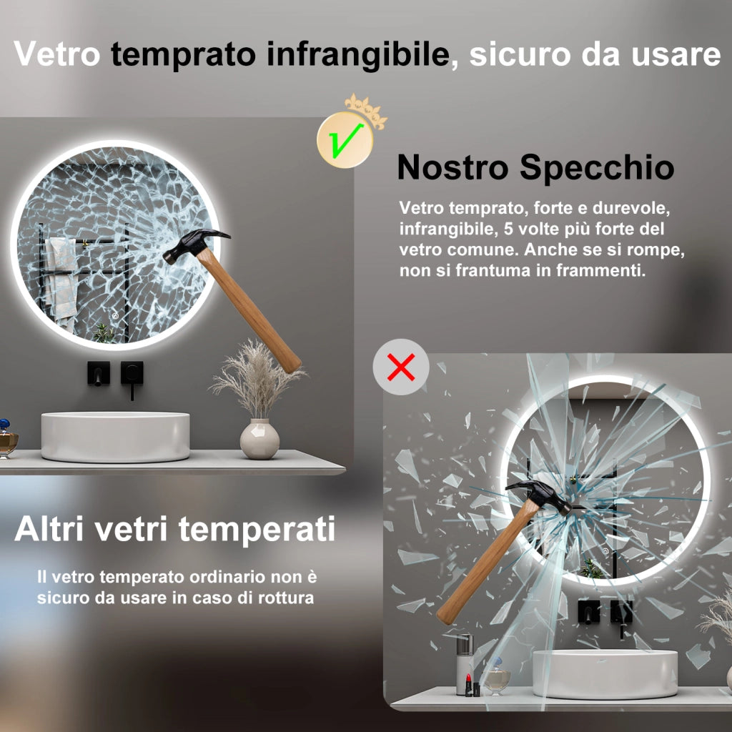 AICA Specchio da bagno 60 x 60 cm, 3 colori, antiappannamento, dimmerabile, interruttore touch, Funzione Memoria