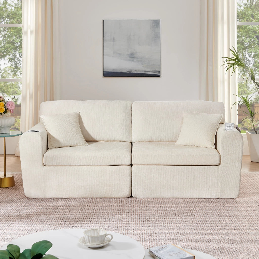 Divano relax 2 Posti con USB, tasca laterale, portabicchieri e cuscini, in Chenille, Beige