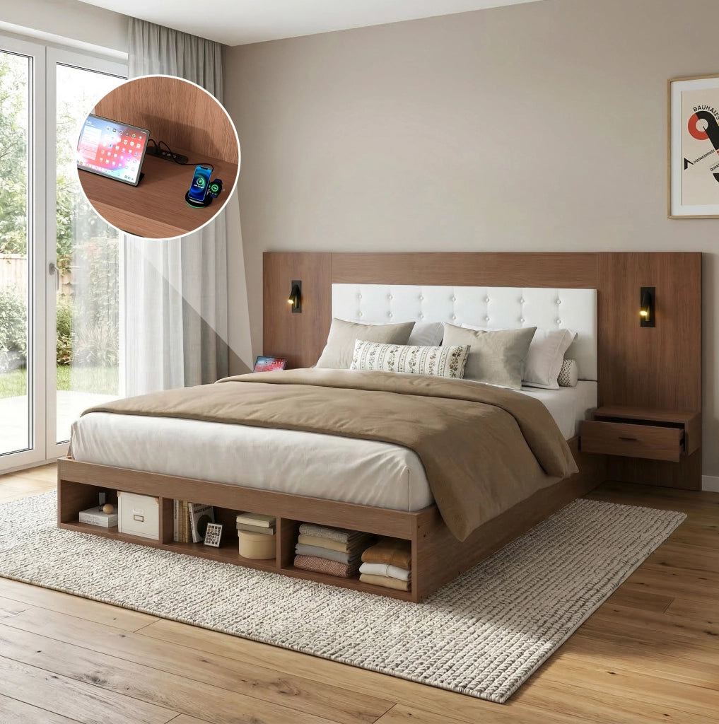Letto matrimoniale 180x200 cm con contenitore; USB e Type-C; luci di lettura; effetto noce