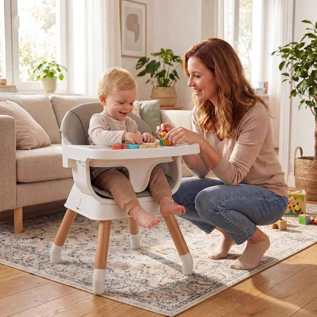Seggiolone Pappa per Bambini, Seggiolone Convertibile con Cintura e Vassoio Rimovibile, Sedia Evolutiva per Neonati, Telaio in Legno Massello, per Neonati 6-36 Mesi (Grigio Chiaro)