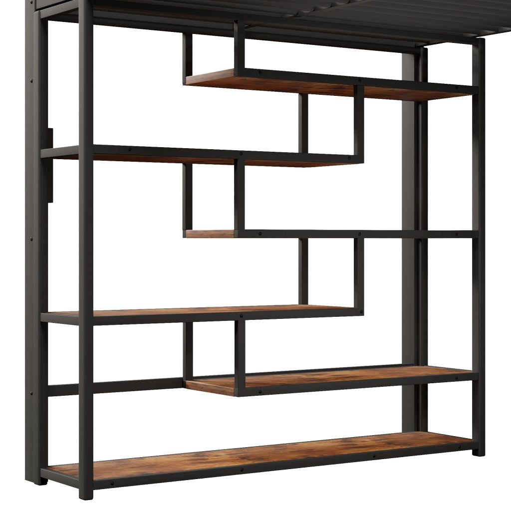 Letto a soppalco 140x200 cm con spazio libero sottostante; LED; ripiano; gradini integrati e parapetto; metallo nero