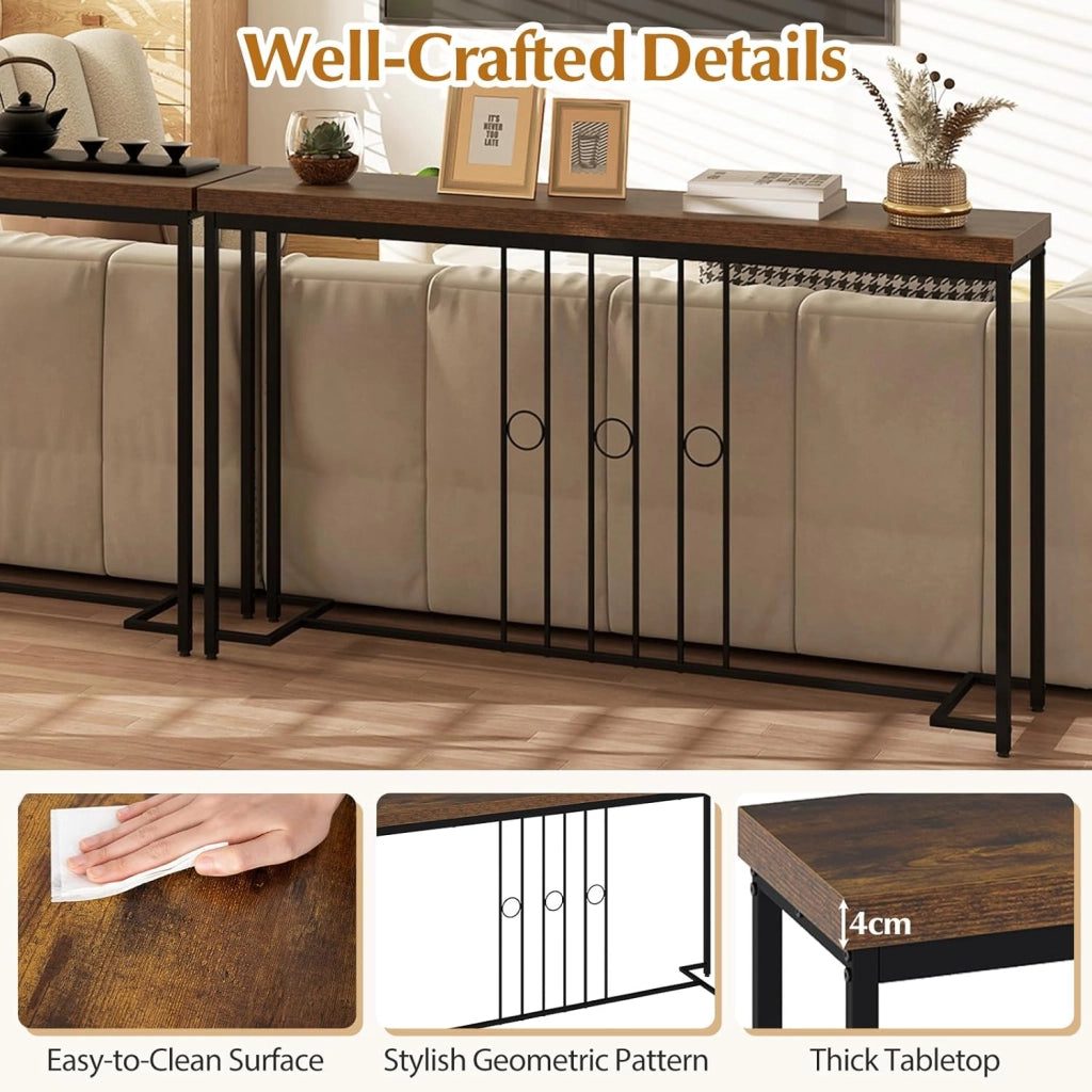 Tavolo Consolle da Ingresso, 140 cm Tavolino da Divano con Gambe in Metallo e Base a Forma di H, Consolle Stretta e Salvaspazio per Soggiorno, Corridoio, Balcone e Ufficio, Nero e Marrone