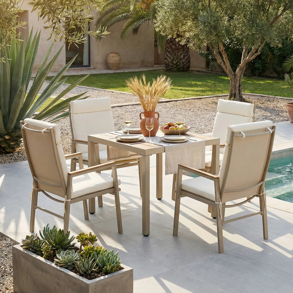 SEDIA DA ESTERNO con braccioli in legno plastico, seduta in textilene, beige