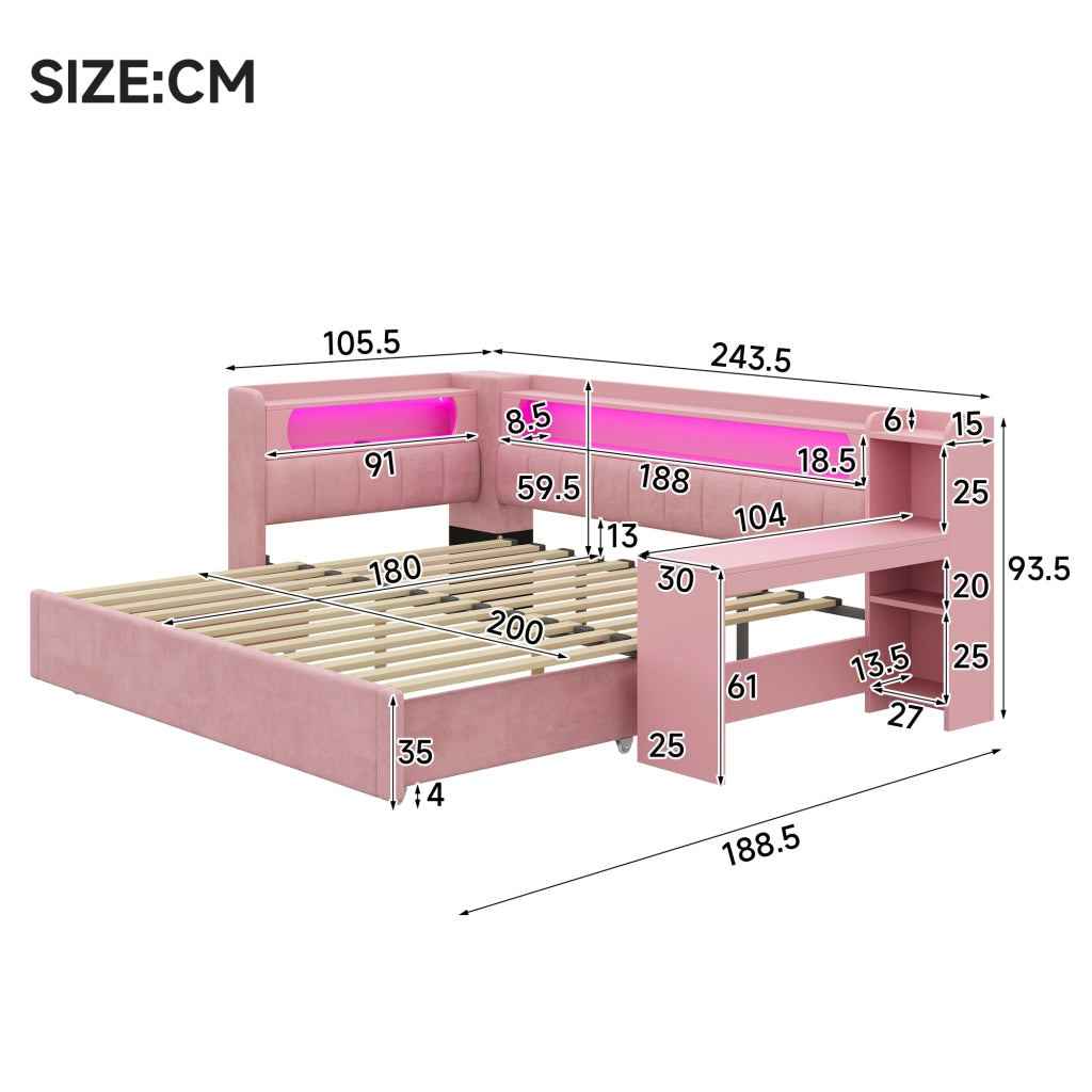 Letto singolo estraibile 90x200 cm con scrivania; LED e USB; rosa