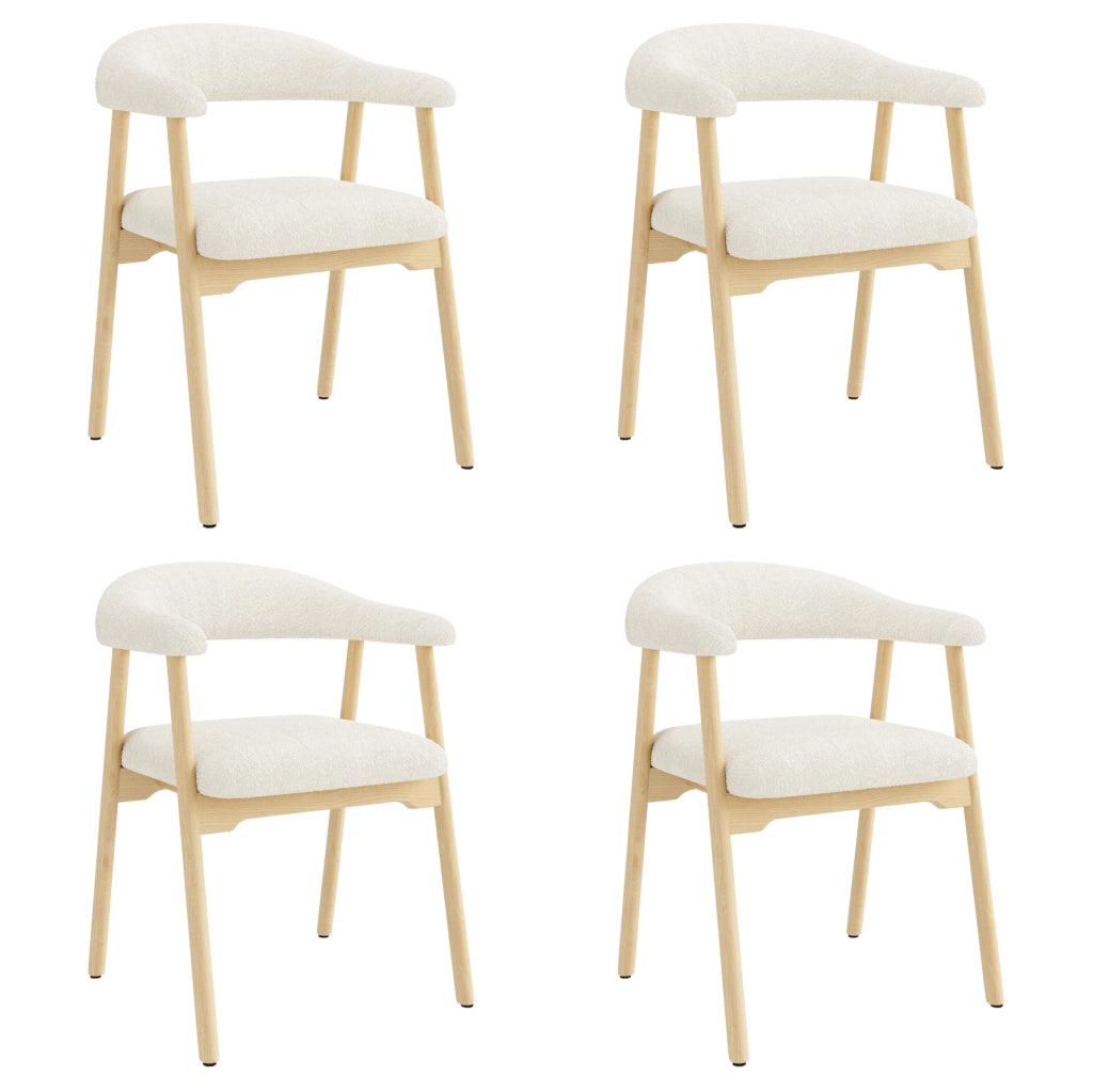 Set di 4 sedie da pranzo 60.5x57.0x79.5 cm con schienale ergonomico a C; legno e bouclé; naturale
