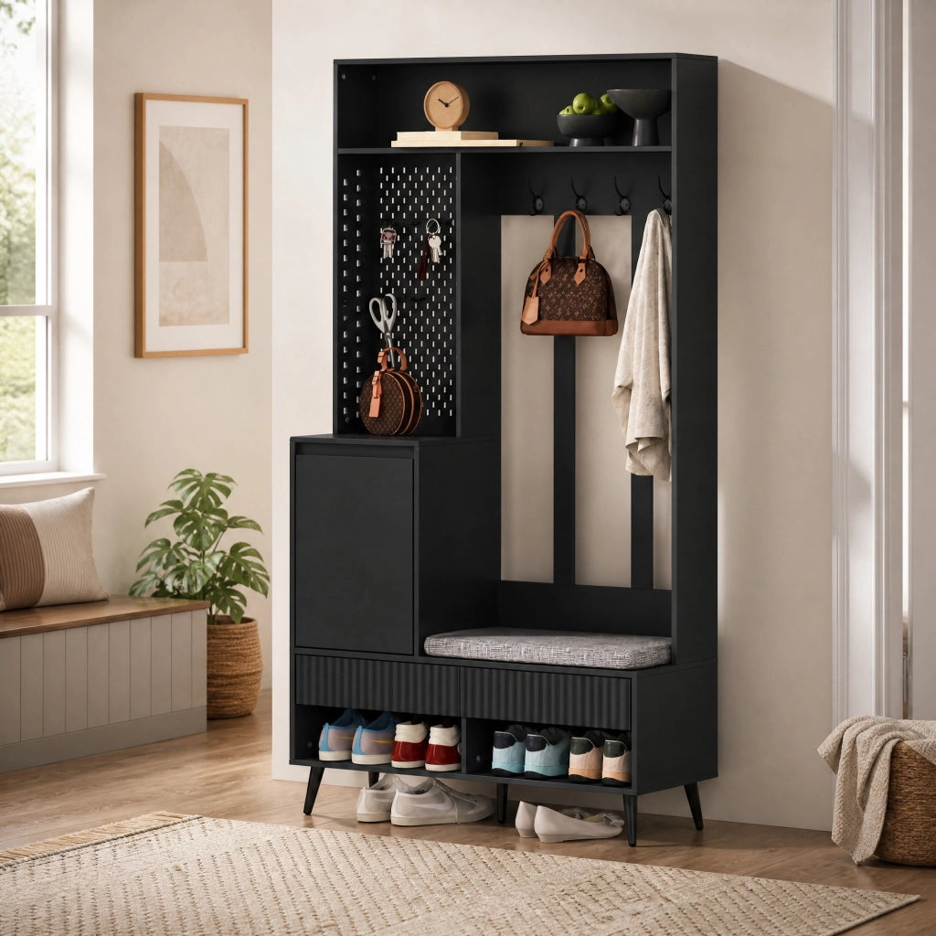 Mobile ingresso multifunzione con panca, 4 ganci, 2 cassetti e vano contenitore, nero, 100 x 35 x 180 cm