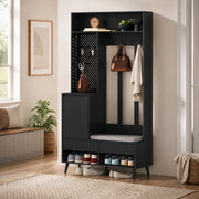 Mobile ingresso multifunzione con panca, 4 ganci, 2 cassetti e vano contenitore, nero, 100 x 35 x 180 cm