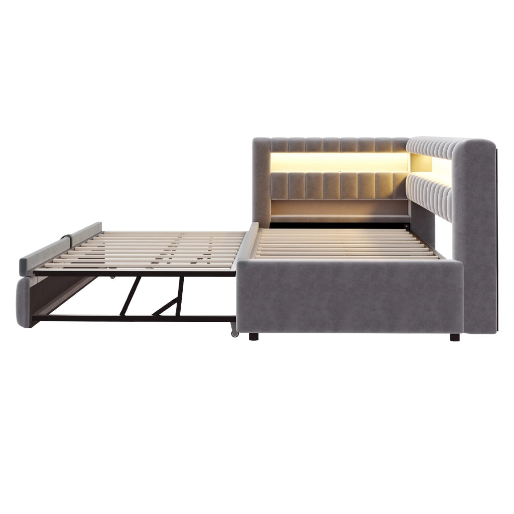 Letto imbottito 90x200 cm con letto estraibile, LED, porte USB e ripiani, grigio