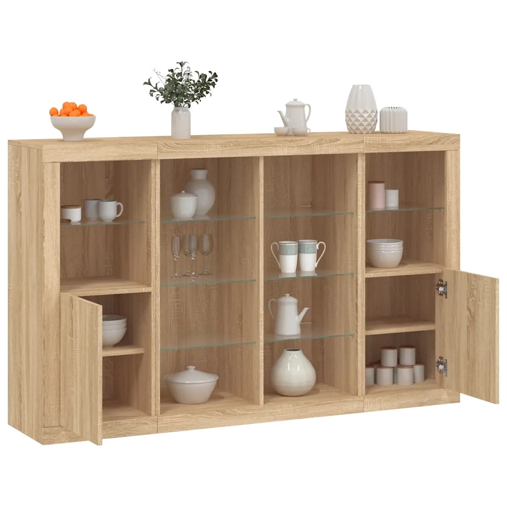 Credenze con Luci LED 3 pz | Madia | Buffet da pranzo | Armadio da pranzo Rovere Sonoma in Legno Multistrato