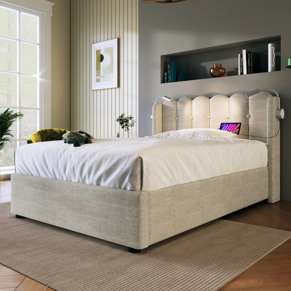 Letto singolo contenitore 90x200 cm beige con LED USB