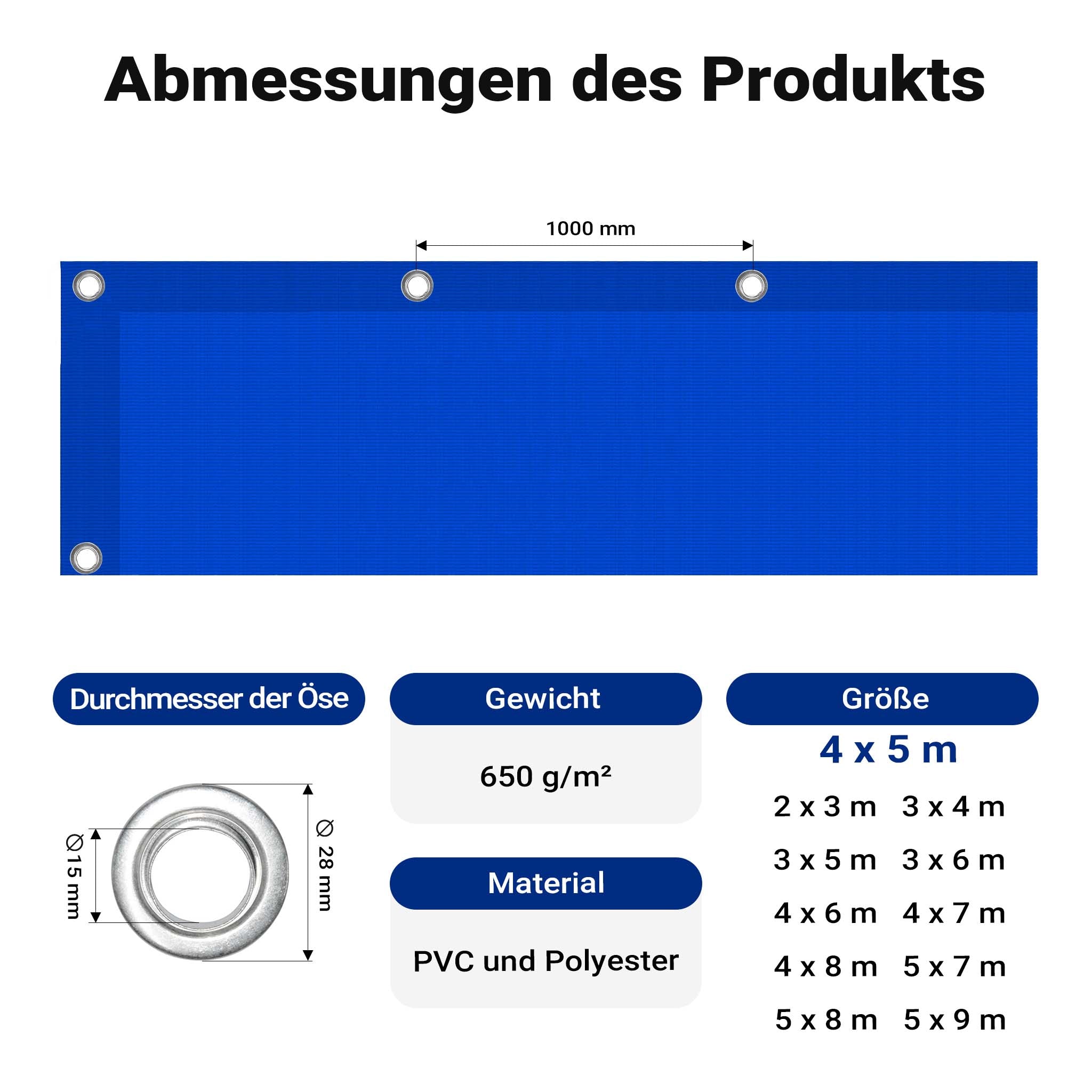 Telone occhiellato blu 4 x 5 m resistente alle intemperie e a raggi UV, impermeabile, robusto telo di protezione in poliestere 650 g/m² con rivestimento in PVC