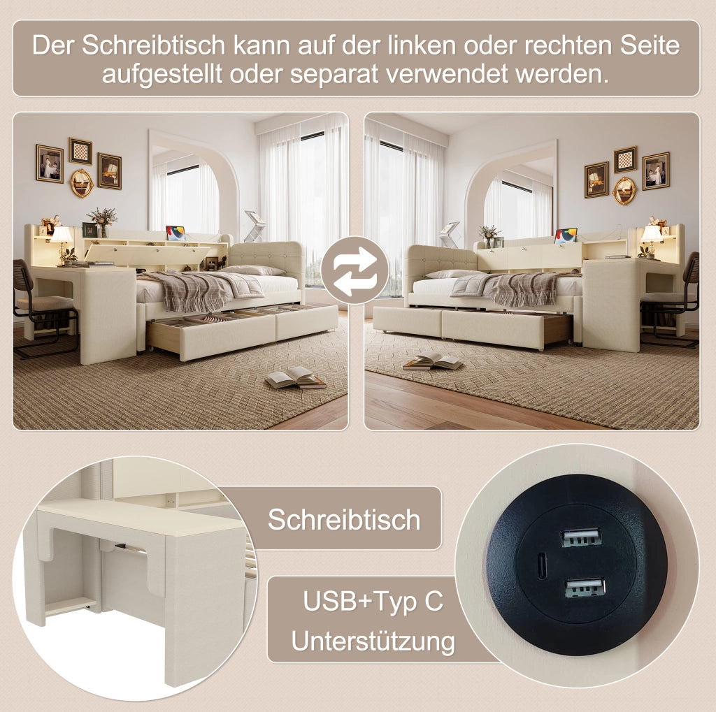 Letto beige 90 x 200 cm con scrivania, cassetti e ricarica USB