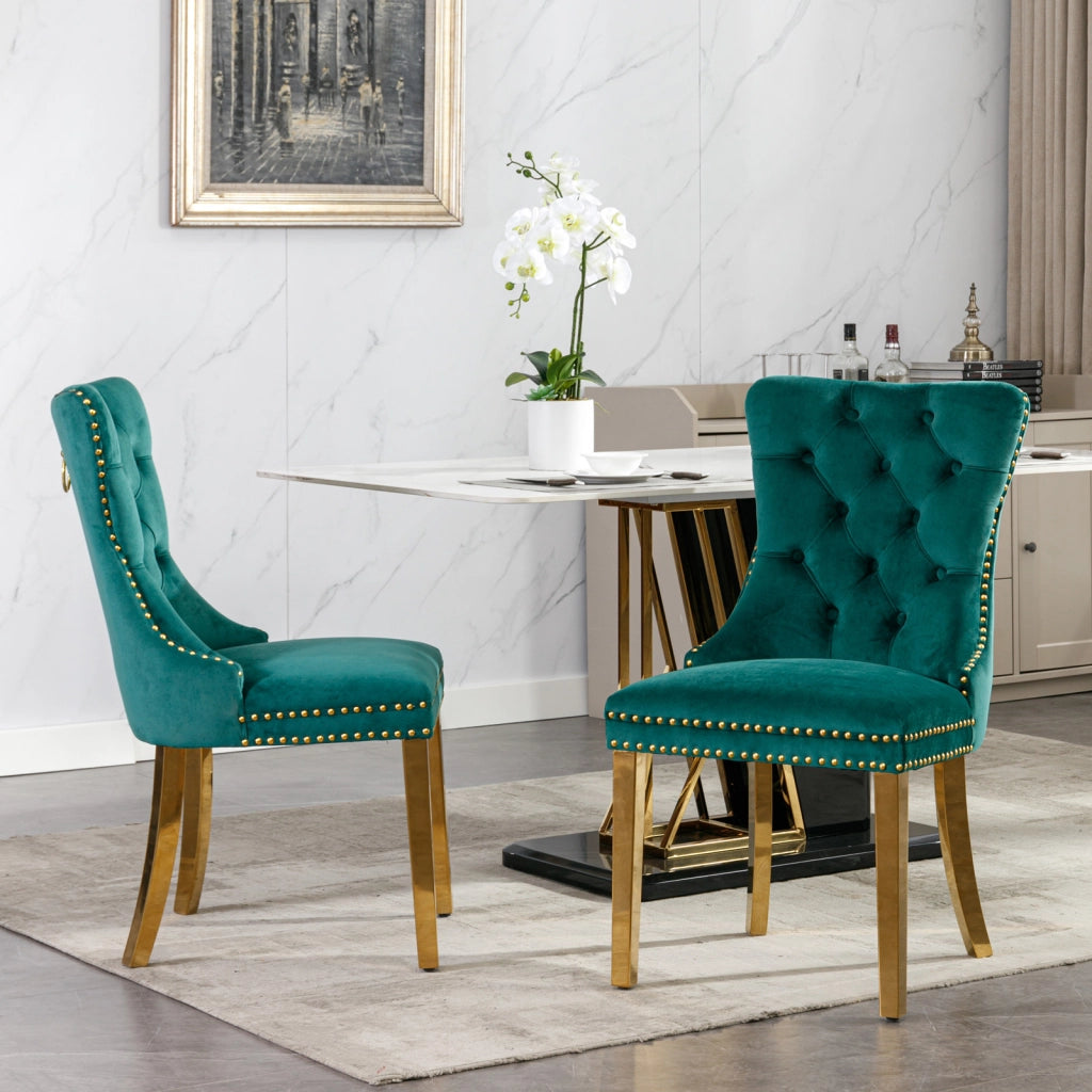 Sedie da Pranzo Imbottite in Velluto Verde ¨C MINIMAL ¨C Set 2, Gambe Dorate, Legno Massello